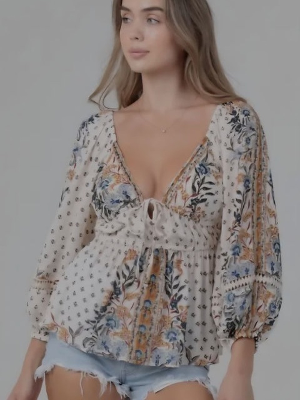 V Neck Cream Boho Tie-Front Peasant Blouse with Blue & Brown Floral Print - Picture 2 of 3